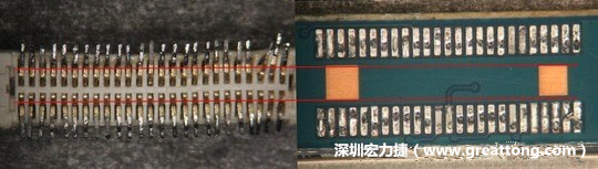 把板對(duì)板連接器與其電路板的佈線焊墊作一個(gè)比較，端子的切斷面有毛邊的地方剛好對(duì)到了裸銅區(qū)。