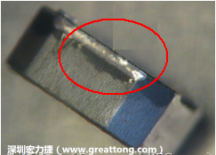 使用錫(Sn)鍍層的電源電感器(Power Inductors)，經(jīng)過推力測試后，其焊點還保留在零件的端點上，所以推力比較高。
