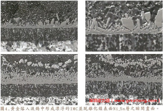 下面四張圖片為放大4500倍的SEM圖像，說明在回流焊爐熱量不足的情況下，黃金成份正要從鎳層分離融入焊錫之中的瞬間，當(dāng)零件遭受外力沖擊的時候就極有可能從這一整排AuSn、、AuSn2或AuSn4的IMC處裂開。