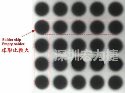 現(xiàn)在我畫幾條直線你再看看是否有發(fā)現(xiàn)那一顆BGA的錫球比較大，有空焊的可能？