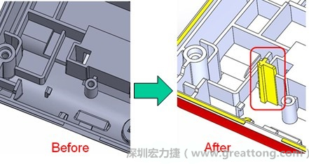 既然知道可能的問題出在電路板變形量過大，于是在電路板上黏貼應(yīng)力計(jì)(Stress Gauge)然后先量測未改善前的應(yīng)力數(shù)據(jù)。改善方法是在BGA的附近新增機(jī)溝肋柱(rib)來頂住電路板以降低電路板在落下時(shí)的變形量。