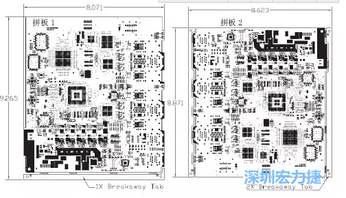 如圖7所示是使用不同數(shù)量邊條的拼板，拼板1僅使用了一個(gè)邊條，直接利用PCB另一邊作為SMT工藝傳送邊，并且PCB圖形中有合適的安裝孔；而拼板2則是按常規(guī)設(shè)計(jì)了兩個(gè)邊條。拼板方式為連接筋。圖中“Breakaway Tab”指邊條-深圳宏力捷