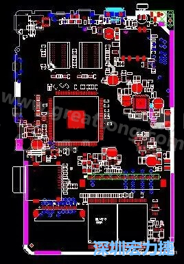 上圖是一個開發(fā)板的PCB，從布局中可以看出各個接口電路分離很明確，SDRAM和DDR以及SD卡接口電路等走線不會造成相互的干擾。-深圳宏力捷