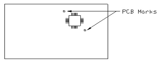 對于IC(QFP)等當引腳間距小于0.8mm時,要求在零件的單位對角加兩個標記，作為該零件的校正標記