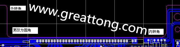 PCB設計時單面板的轉(zhuǎn)角都需為圓角，R1.0mm或R2.0mm為宜。
