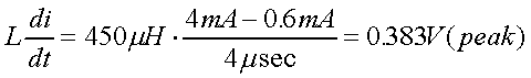 舉例來說，一個閘在"ON"而載有4mA的電流時，突然開關切到"OFF"且現(xiàn)在載有0.6mA的電流，假設開關時間為4msec，載有450mH的電感信號的導體，此時所產(chǎn)生的電壓突波為