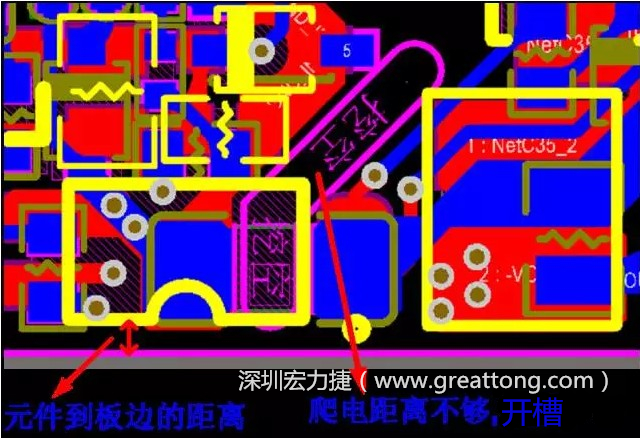 如果碰到模塊PCB空間有限，爬電距離不夠，可以采用開槽的方式