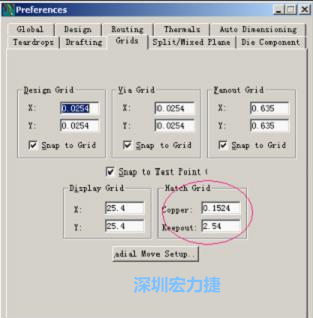  改銅皮的填充網(wǎng)格Global→Design Units，填充方向Drafting→Direction；Hatch Grid中Copper此數(shù)值為大銅箔中所填充的線條中心到中心的距離。