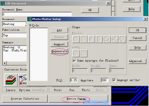 當(dāng)Gerber和鉆孔都設(shè)置完后，選擇一貼片元件較多的層（一般為Top層），點擊Device SetupPhoto，將 Plotter Setup窗口D-Code欄原有的D碼刪除并按Regenerate重新生成