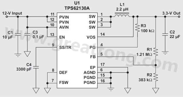 電壓從 12-V 降至 3.3-V 所用的 TPS62130A 電路