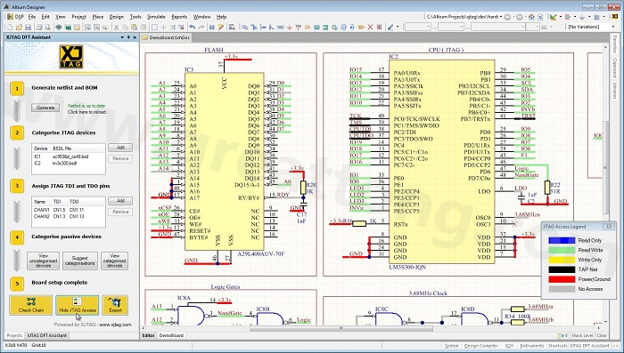 XJTAG DFT Assistant的Access Viewer模式可以清楚地顯示可用的測(cè)試存取層級(jí)，讓電路板設(shè)計(jì)人員在展開(kāi)PCB布局以前的原理圖擷取階段盡可能地提高測(cè)試存取能力