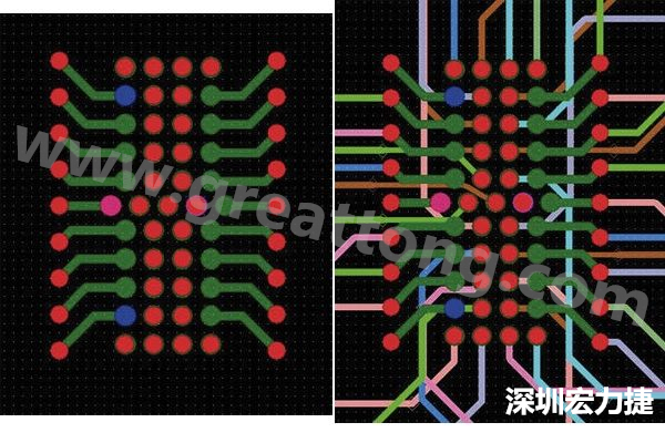 圖7：焊盤(pán)內(nèi)過(guò)孔用于內(nèi)部，而外部接腳在0.5mm閘格上扇出。圖7a顯示的是頂層(左)；圖7b顯示頂層和內(nèi)部布線層(右)。