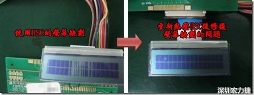 使用HSC的產品在使用一段時間后，通常是一至兩年后就會陸續(xù)出現(xiàn)連接處松脫的問題，如果是使用在LCD上的HSC就會出現(xiàn)缺劃的不良現(xiàn)象，下面左圖是使用HSC連接顯示器的產品，在客戶端使用一段時間后出現(xiàn)屏幕缺劃的問題，右圖是同一片產品，經過重新熱壓HSC后屏幕顯示恢復正常的畫面。 