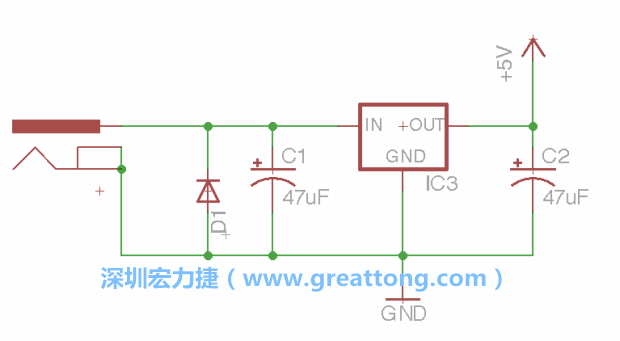 新增RBBB→Power_Jack，將它放在電壓調(diào)整器的輸入端旁邊。