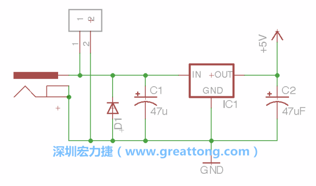 2.5.    新增一個(gè)二極體，它會(huì)以水平的狀態(tài)出現(xiàn)在屏幕上，請(qǐng)使用「旋轉(zhuǎn)（Rotate）」工具把它負(fù)極那一面朝上，并且用「網(wǎng)絡(luò)連接」工具將它連接在電壓調(diào)整器的輸入端和接地端之間。