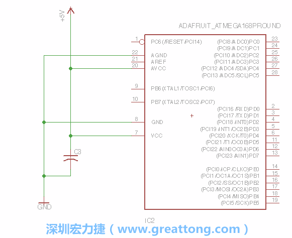 3.1.    新增微控制器晶片（RBBB → ATmega），把它放在電路原理圖的中央附近，把它的兩個接地接頭連接到接地訊號端。