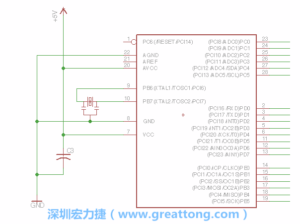 3.2.    在靠近ATmega的電源供應(yīng)針腳7的位置放置一個0.1μF的電容，將它分別連接電源、接地端和針腳7。