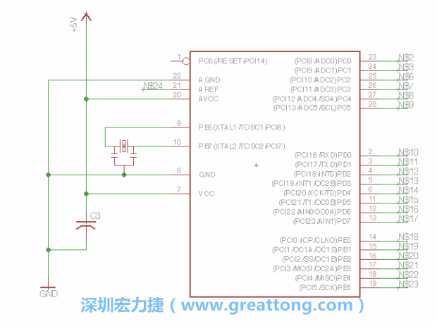 3.3.    將共鳴器（resonator）放置在針腳9和針腳10附近，將它的三個針腳連接如圖所示，并確認(rèn)最中間的針腳有連到接地端。