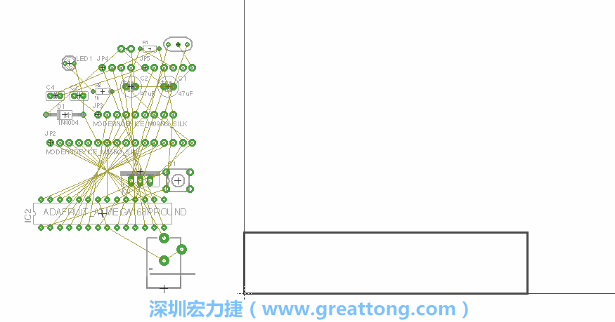 第一次執(zhí)行布線編輯器時，你會發(fā)現(xiàn)有兩個區(qū)塊，左邊的區(qū)塊非?；靵y，而右邊的區(qū)塊則是一個長方形的工作區(qū)域，EAGLE免費版會限制你的工作區(qū)域在4” x 3.2”的范圍內(nèi)，如果你試圖將元件擺放在工作區(qū)外的話，就會跳出警示訊息。