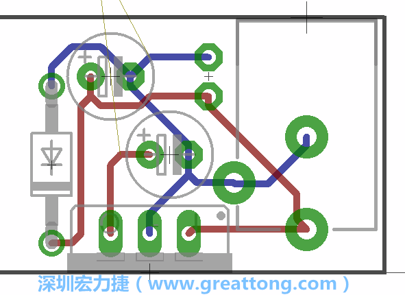 接地連結(jié)點的布線情形如下圖所示，利用這個練習來避免電路連線銳角化的產(chǎn)生是一個不錯的選擇，你可以在工具列中的彎曲線路（Wire Bend）選項里改變各種布線的變化。