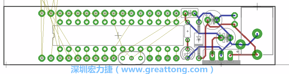 將ATmega微控制器、三個GPIO排針（JP2, JP3, JP4）和諧振器（resonator）排置如上圖所示。