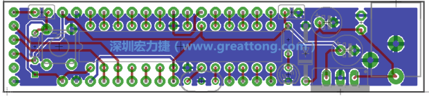 第二篇文章則帶領(lǐng)你進(jìn)行電路板上的布線、連結(jié)點(diǎn)的配置，并利用「設(shè)計(jì)規(guī)則檢查（Design Rule Check）」測(cè)試你的設(shè)計(jì)，第二篇文章的電路板設(shè)計(jì)圖將如下所示：