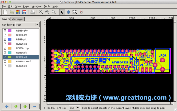 將圖層匯入你的Gerber預(yù)覽工具內(nèi)（下圖為Gerbv），我通常會(huì)從上到下重新排列它們的順序，好讓我比較好校對(duì)：