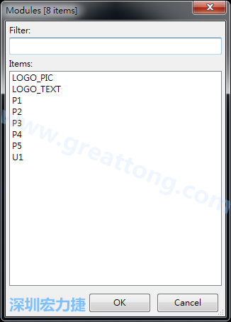 從目前正在編輯的PCB載入Module， 會(huì)顯示有那些項(xiàng)目可載入。點(diǎn)選一個(gè)， OK后即完成載入