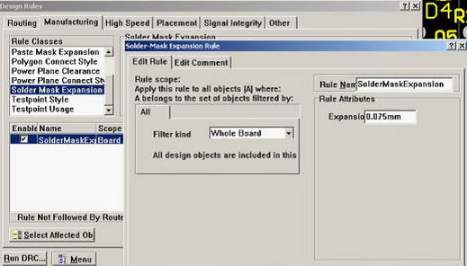5. 而對于阻焊的調(diào)整則可以通過按D、R調(diào)出[Manufacturing]制作設(shè)計規(guī)則的[Solder-Mask Expansion Rule]設(shè)置項直接設(shè)定單邊放大值