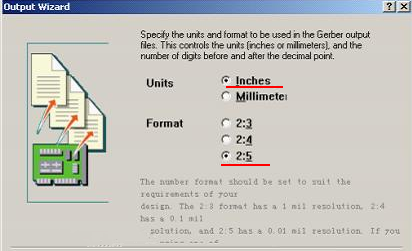 在上圖中選擇“Inches 2：5”，以確保資料精度，反之線寬、線距或孔有偏移現(xiàn)象